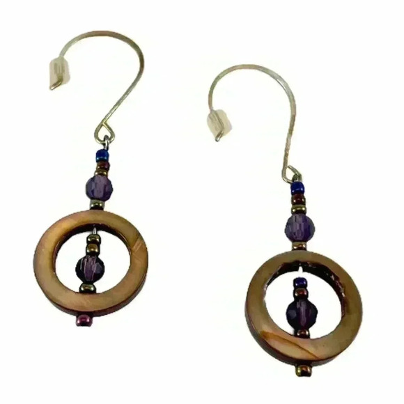 Brown Seashells Purple Faceted Bead Fish Hook Earrings - Picture 1 of 9